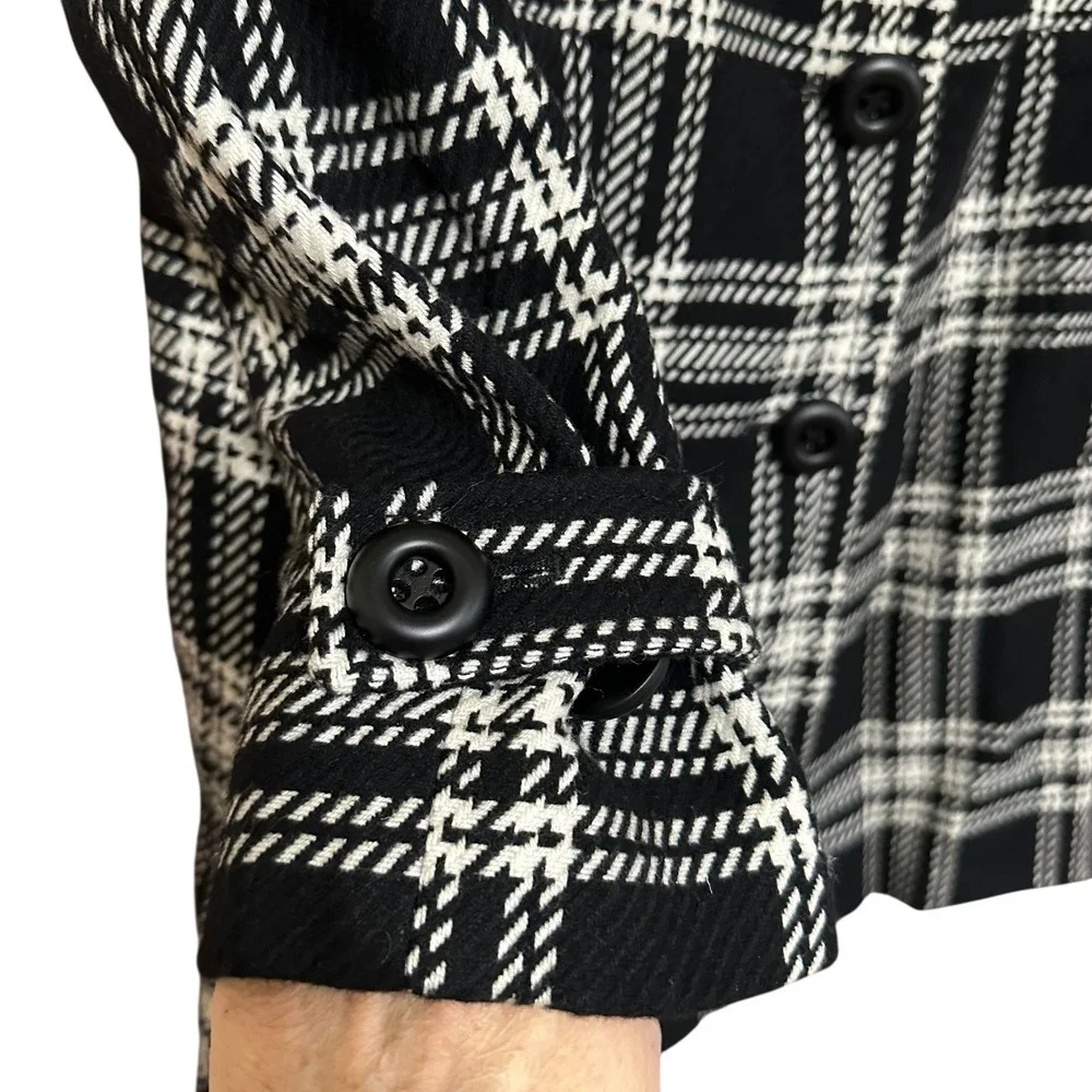 TALBOTS Womens Black White Plaid Wool Blend Pea‎ Coat Sz 12 Jacket